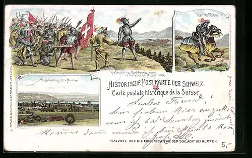 Lithographie Murten, Gesamtansicht, Hallwyl und die Eidgenossen vor der Schlacht, Karl der Kühne