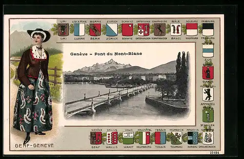 Präge-AK Genève, Pont du Mont-Blanc, Wappen der Kantone