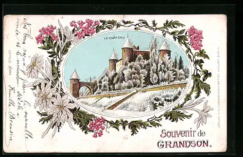 Lithographie Grandson, Le Château, Winteridyll