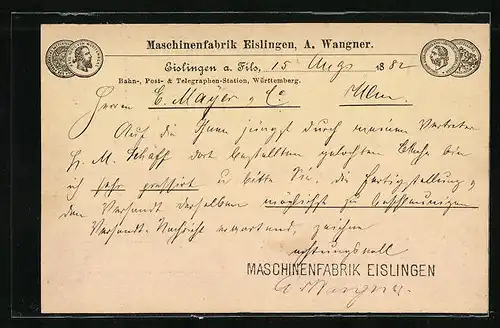 AK Eislingen /Fils, Korrespondenzkarte der Maschinenfabrik A. Wanger, Wappen