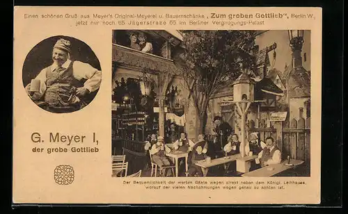 AK Berlin, Gasthaus Meyers Bauernschänke / Meyerei Zum groben Gottlieb, Jägerstrasse 65, Innenansicht, Wirts-Portrait