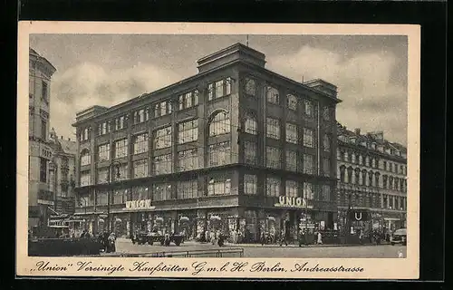 AK Berlin-Friedrichshain, Union Vereinigte Kaufstätten G.m.b.H., Andreasstrasse