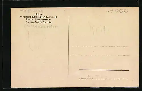 AK Berlin-Friedrichshain, Union Vereinigte Kaufstätten G.m.b.H., Andreasstrasse