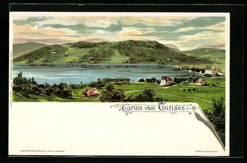 Lithographie Titisee, Ortsansicht aus der Vogelschau