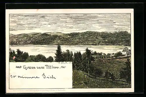 Künstler-AK Titisee, Ortsansicht mit See