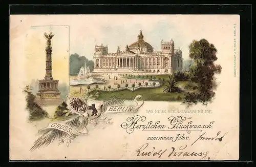 Lithographie Berlin, Neues Reichstagsgebäude, Siegessäule