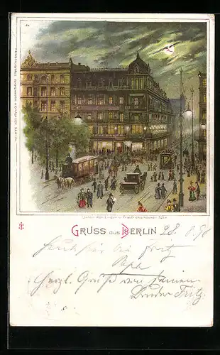 Lithographie Berlin, Unter den Linden u. Friedrichstrassen-Ecke