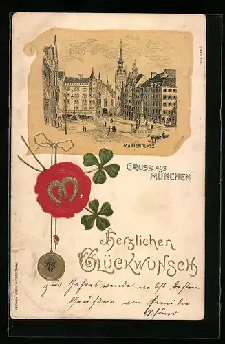 Lithographie München, Marienplatz mit Siegel und Kleeblättern