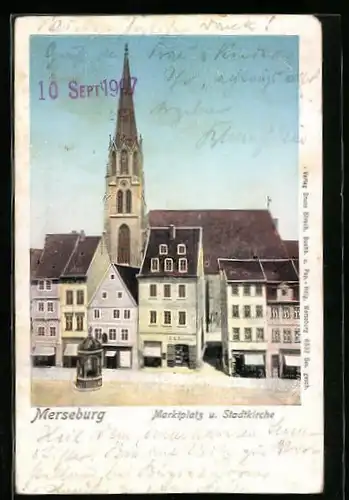 Goldfenster-AK Merseburg, Marktplatz und Stadtkirche mit leuchtenden Fenstern