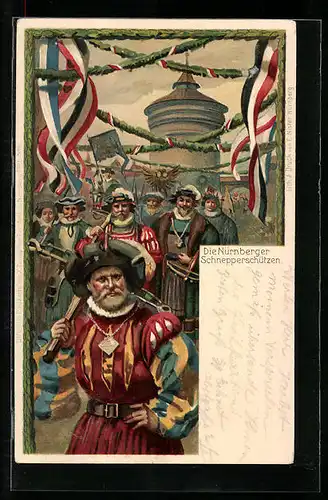 Lithographie Nürnberg, X. Deutsches Turnfest 1903, Die Nürnberger Schnepperschützen, Ganzsache Bayern