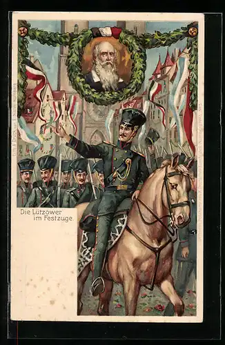 Lithographie Nürnberg, X. Deutsches Turnfest 1903, Dei Lützower im Festzuge, Turnvater Jahn, Ganzsache Bayern