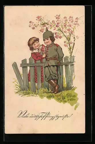 AK Kleiner Soldat mit einem Mädchen am Zaun
