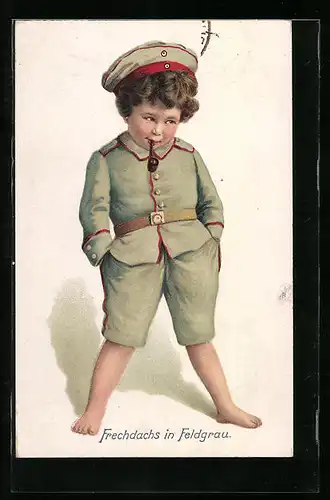 AK Kleiner Soldat in Feldgrau mit Tabakspfeife