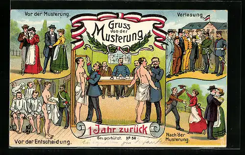 Künstler-AK Szenen vor, während und nach der Musterung, Landsturm, Gruss von der Musterung