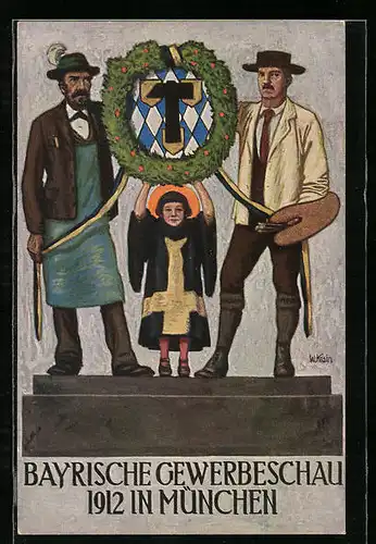 Künstler-AK München, Bayr. Gewerbeschau Ausstellung 1912, Arbeiter & Münchner Kindl, Ganzsache Bayern