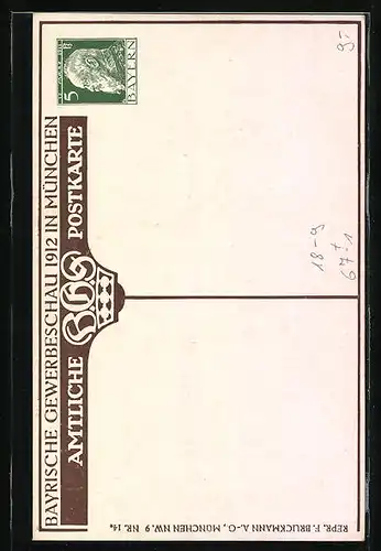 Künstler-AK München, Bayr. Gewerbeschau Ausstellung 1912, Arbeiter & Münchner Kindl, Ganzsache Bayern