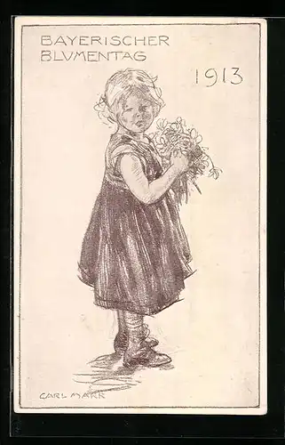 Künstler-AK Bayerischer Blumentag 1913, Mädchen mit Sträusschen, Ganzsache Bayern