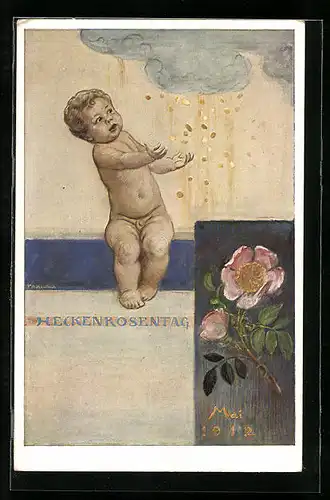 Künstler-AK München, Heckenrosentag Mai 1912, Heckenrose, Baby mit Geldregen, Ganzsache Bayern