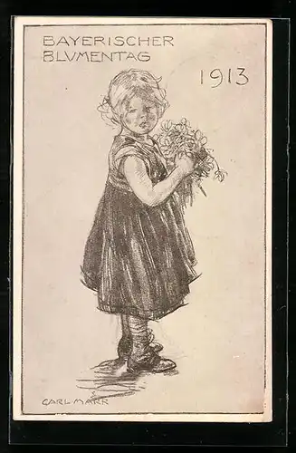 Künstler-AK Bayerischer Blumentag 1913, Mädchen mit Sträusschen, Ganzsache Bayern