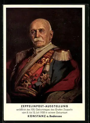 AK Konstanz, Zeppelinpost-Ausstellung 1938, Ferdinand von Zeppelin in Uniform, Ganzsache