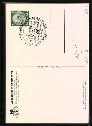 AK Konstanz, Zeppelinpost-Ausstellung 1938, Ferdinand von Zeppelin in Uniform, Ganzsache