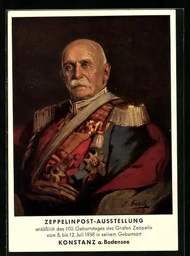AK Konstanz, Zeppelinpost-Ausstellung 1938, Ferdinand von Zeppelin in Uniform, Ganzsache