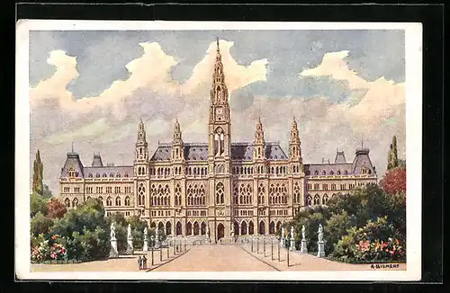 Künstler-AK Wien, Rathaus mit Skulpturen