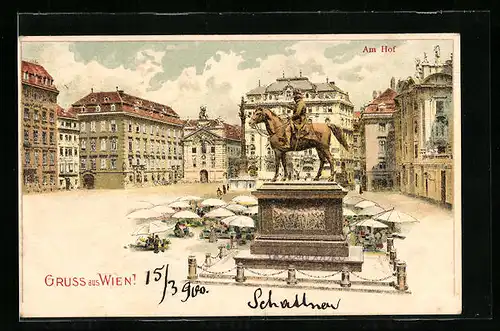 Lithographie Wien, Am Hof, Denkmal, Markttag