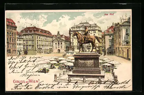 Lithographie Wien, Am Hof, Denkmal, Markttag
