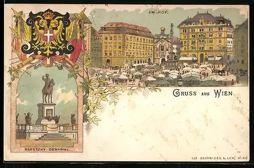 Lithographie Wien, Am Hof, Radetzky Denkmal, Markttag, Wappen