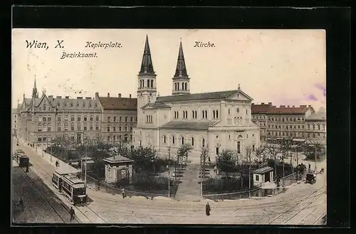 AK Wien, Keplerplatz, Kirche, Bezirksamt, Strassenbahn