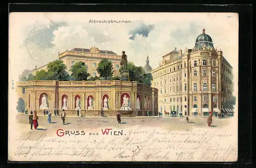 Lithographie Wien, Albrechtsplatz, Albrechtsbrunnen