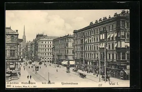 AK Wien, Kärntnerstrasse mit Oper, Stephansturm und Cafe Scheidl