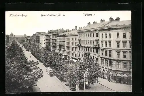 AK Wien, Kärntnerring mit Grand Hotel und Strassenbahn