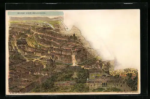 Lithographie Wien, Blick vom Belvedere auf die Stadt