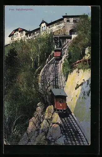 AK Graz, Schlossbergbahn vor dem Bahngebäude