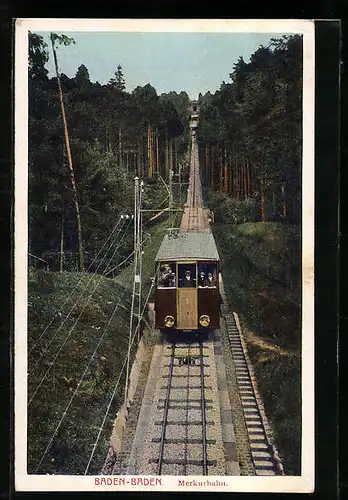 AK Baden-Baden, Merkurbahn mit Fahrgästen im Wald