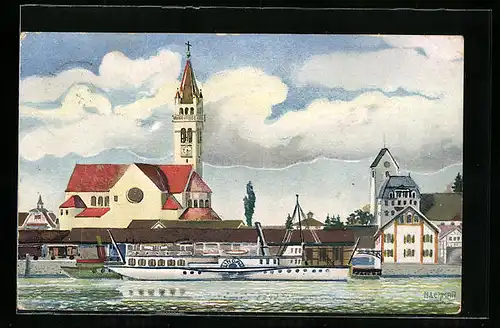 Künstler-AK Romanshorn, Katholische Kirche mit Dampfer