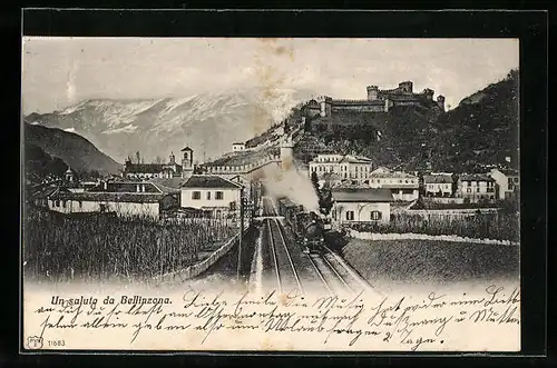AK Bellinzona, Gesamtansicht mit Eisenbahn und Feste