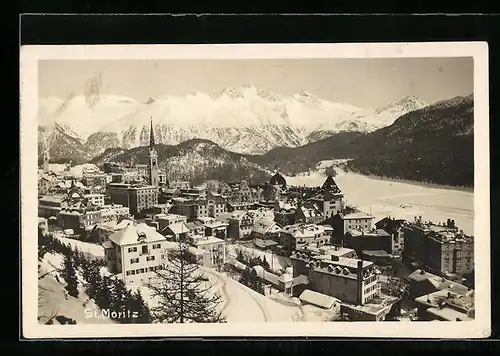 AK St. Moritz, Ortsansicht aus der Vogelschau im Winter
