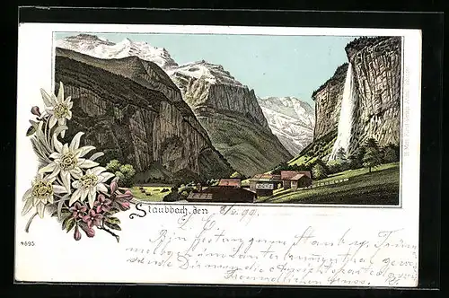 Künstler-AK Staubbach, Ortsansicht mit Bergen, Blumenmotiv