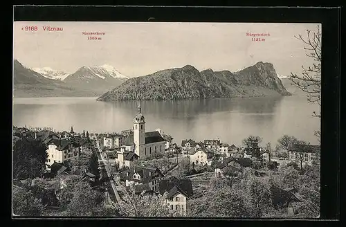 AK Vitznau, Ortsansicht mit Insel, Stanserhorn und Bürgenstock
