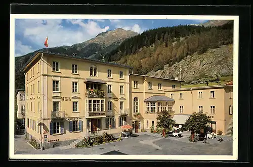 AK Zernez, Hotel Baer und Post aus der Vogelschau