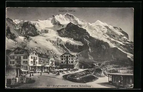 AK Kleine Scheidegg, Ortspartie mit Jungfraubahn und Jungfrau