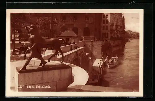 AK Basel, Schifflände mit Skulptur