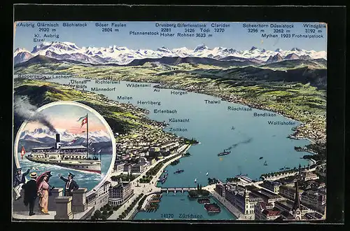 AK Zürich, Ortsansicht mit Zürichsee und Dampfer Helvetia