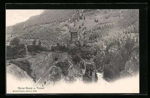 AK Sils, Ruine Campi und Eisenbahn-Tunnel