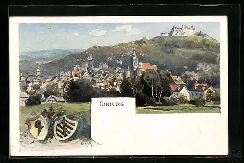 Künstler-AK Coburg, Ortsansicht mit Burg, Wappen