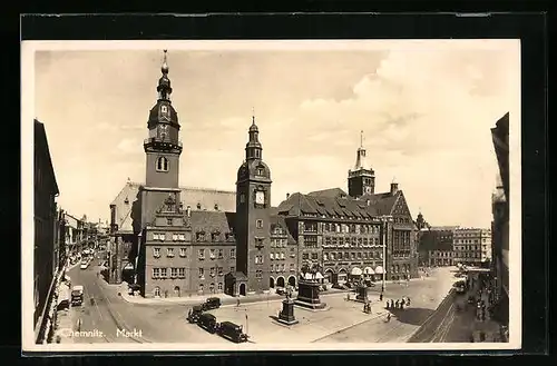 AK Chemnitz, Markt mit Strasse aus der Vogelschau