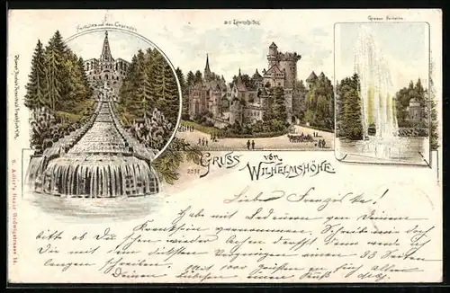 Lithographie Kassel-Wilhelmshöhe, Herkules mit den Cascaden, Löwenburg